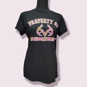 Realtree Black T-Shirt With Pink Camouflage Lettering | Size Medium